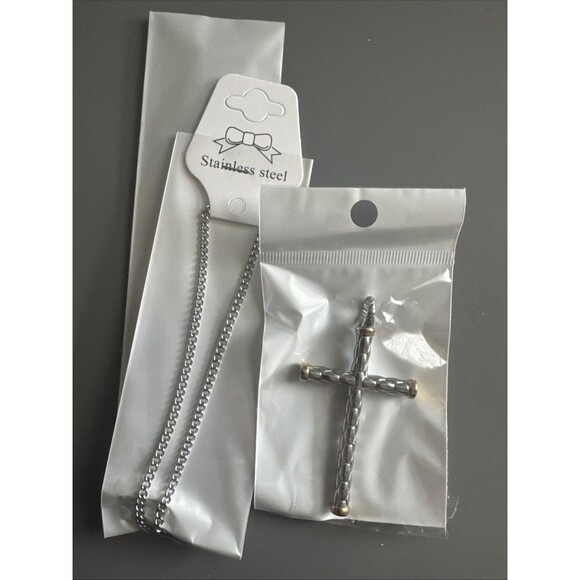 Vintage Jewelry Silver Gold Religious Cross Pendant 2.5 Inch Stainless Steel - Picture 6 of 6